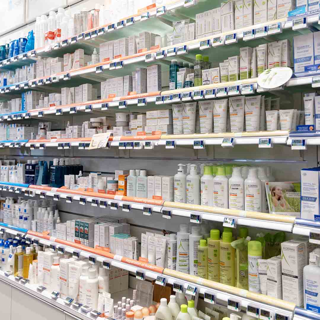 A large selection of vitamins and creme from the pharmacy in Frederiksberg center. 